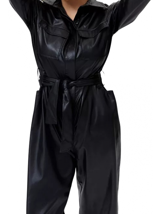 Women Stylish Real Lambskin Black Leather Jumpsuit