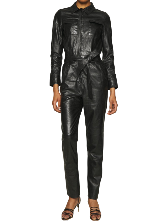 Women Trendsetting Real Lambskin Black Leather Jumpsuit