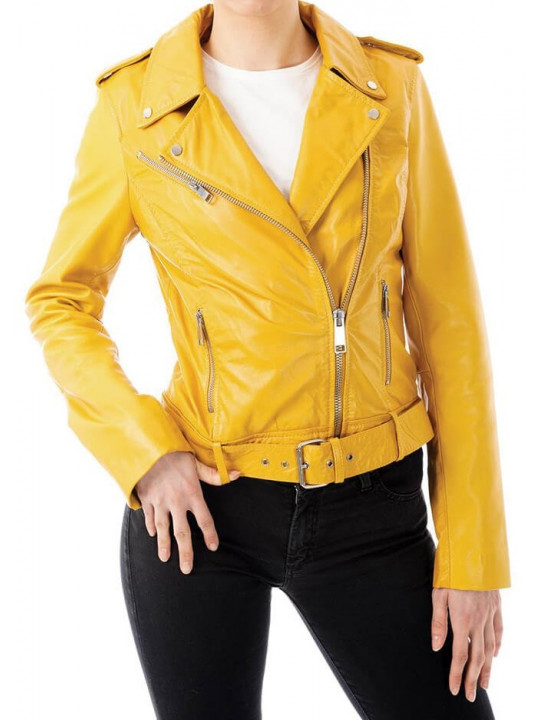 Women Biker Belted Real Lambskin Yellow Leather Motorcycle Jacket