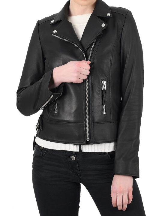 Women Biker High Fashion Real Lambskin Black Leather Motorcycle Jacket