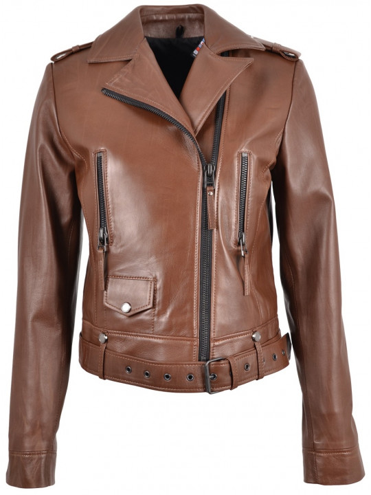 Women Biker Stylish Real Lambskin Brown Leather Motorcycle Jacket