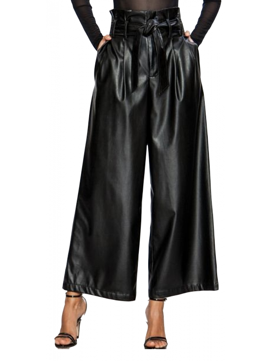 Women Palazzo Fashion Real Lambskin Black Leather Trousers Pants