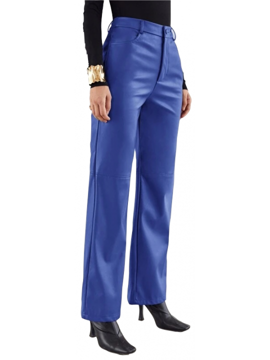 Women Palazzo Style Real Lambskin Blue Leather Trousers Pants