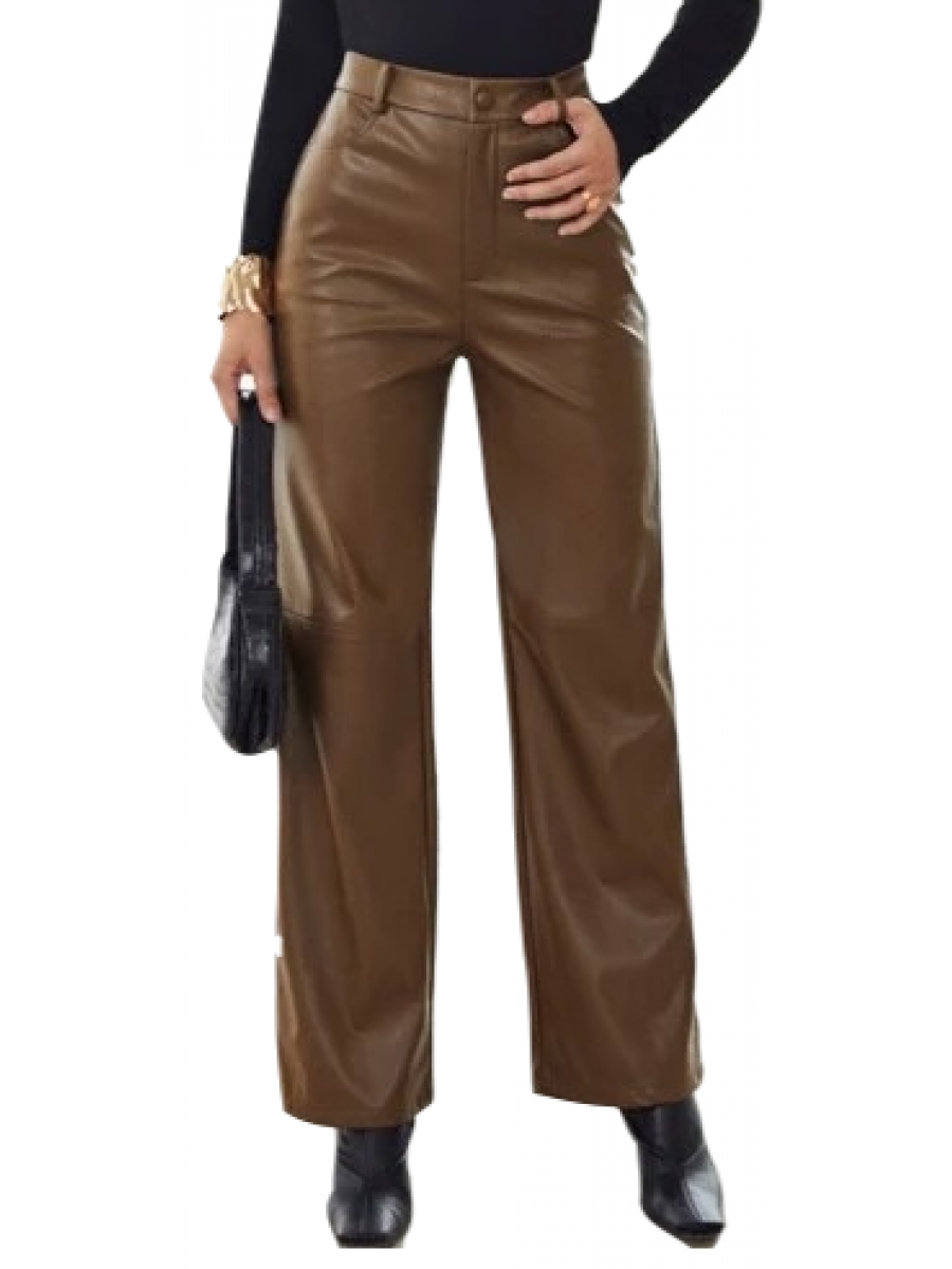 Women Palazzo Style Real Lambskin Brown Leather Trousers Pants