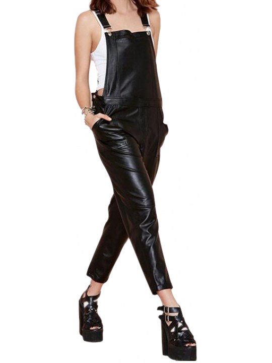 Women Bold Fashion Real Lambskin Black Leather Overall Dungarees Romper