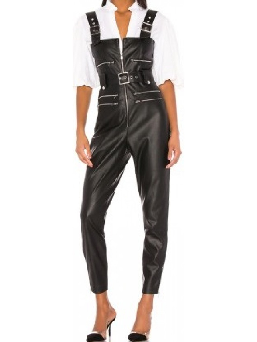 Women Elegant Style Real Lambskin Black Leather Overall Dungarees Romper
