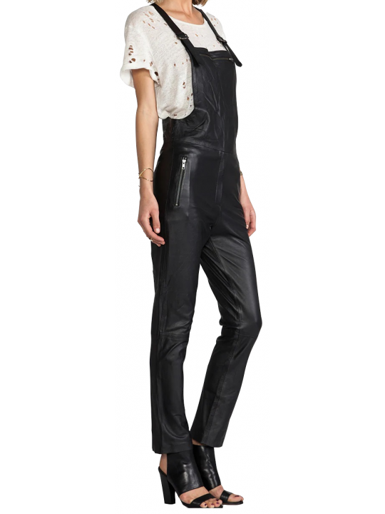 Women Trendsetting Real Lambskin Black Leather Overall Dungarees Romper