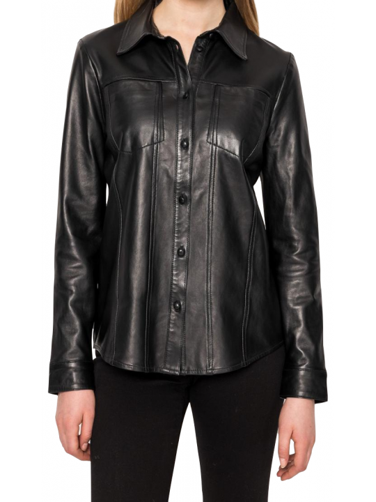 Women High Fashion Real Lambskin Black Leather Shirt