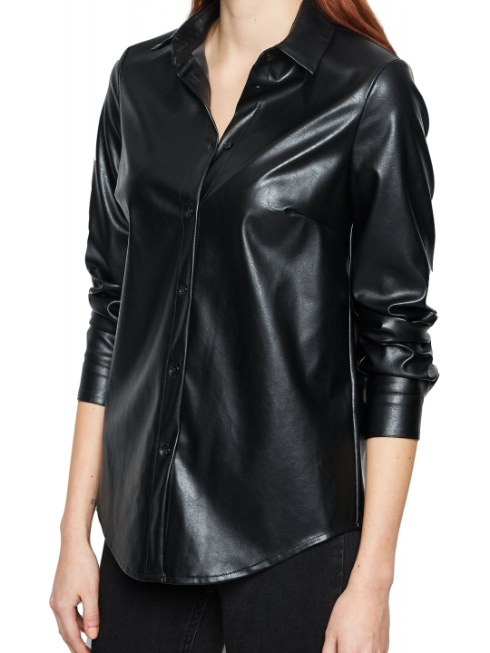 Women Smart Real Lambskin Black Leather Shirt