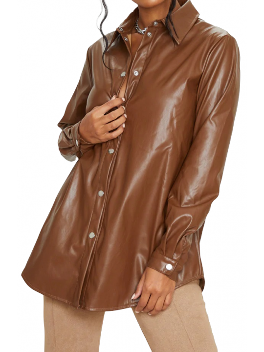 Women Stunning Real Lambskin Brown Leather Shirt