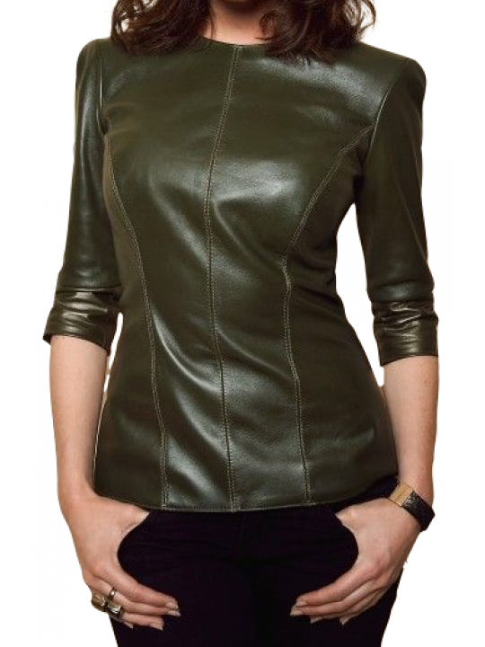Women Edgy Real Lambskin Olive Green Leather Tops