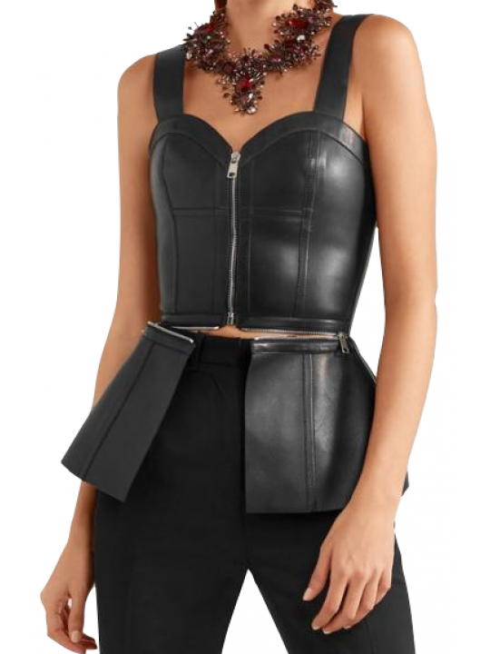 Women  Elegant Style Real Lambskin Black Leather Tops