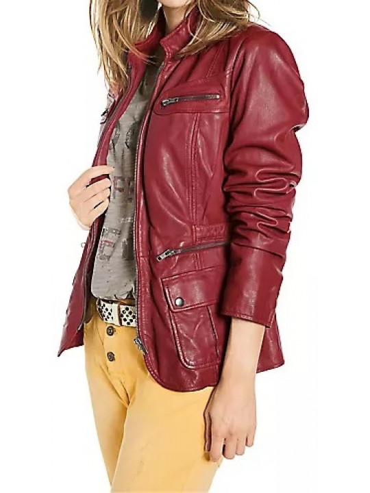 Women Unique Style Real Sheepskin Red Leather Coat