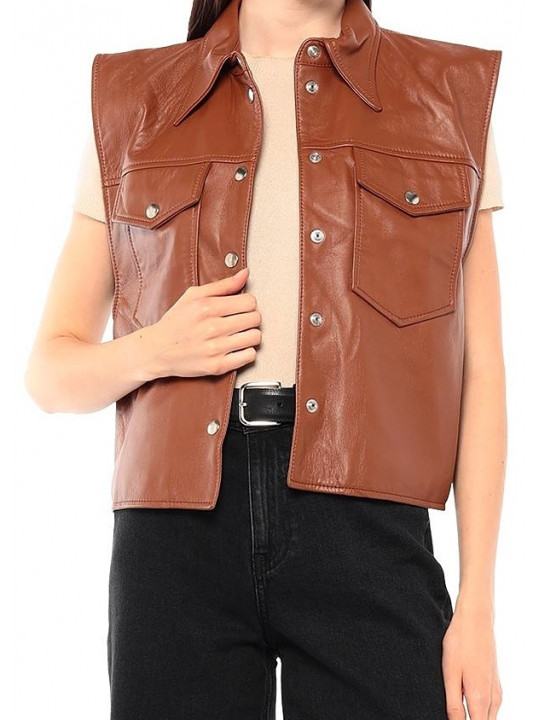 Women stylish Real Lambskin Tan Leather Sleeveless Vest Jacket