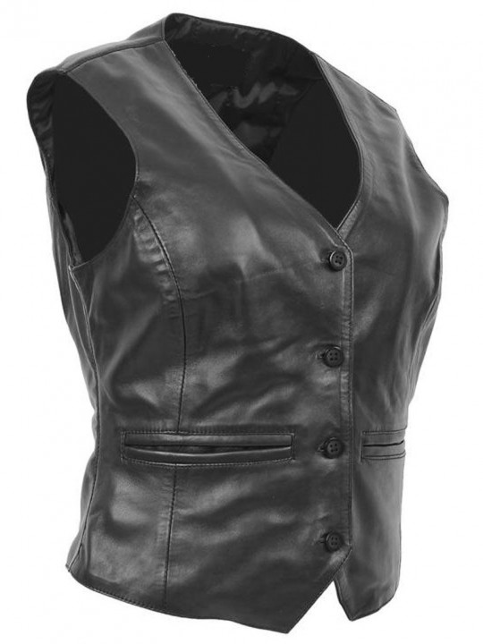 Women Trendsetting Real Lambskin Black Leather Sleeveless Vest Jacket