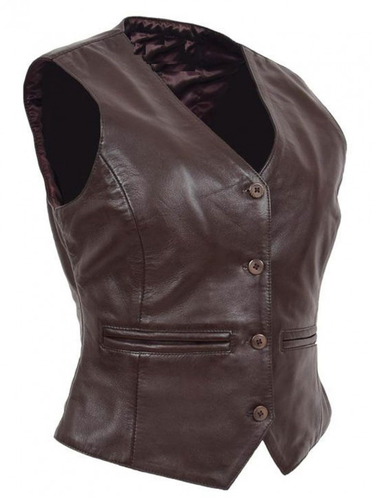 Women Trendsetting Real Lambskin Brown Leather Sleeveless Vest Jacket