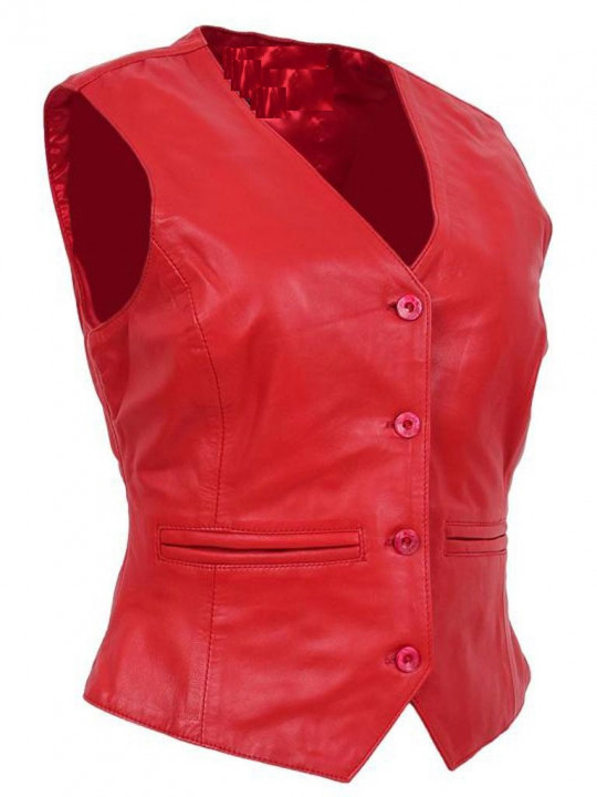 Women Trendsetting Real Lambskin Red Leather Sleeveless Vest Jacket