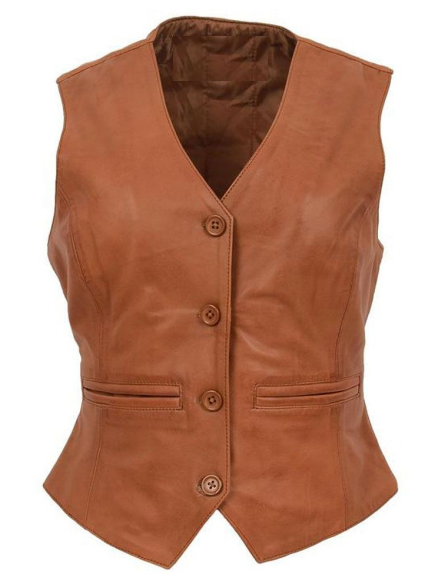 Women Trendsetting Real Lambskin Tan Leather Sleeveless Vest Jacket
