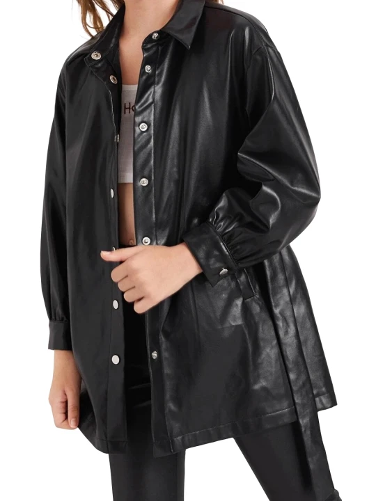 Girls Belted Real Lambskin Black Leather Coat