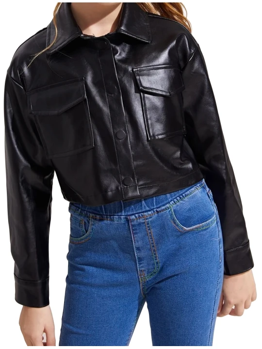 Girls Flap Pocket Real Lambskin Black Leather Jacket