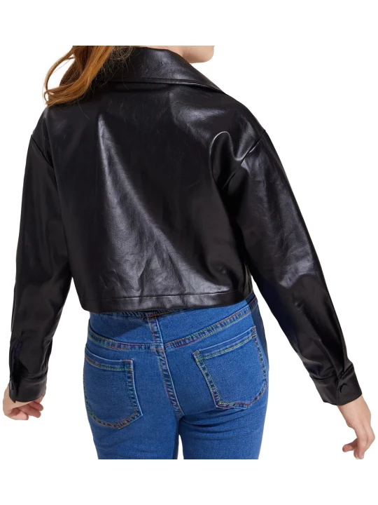 Girls Flap Pocket Real Lambskin Black Leather Jacket