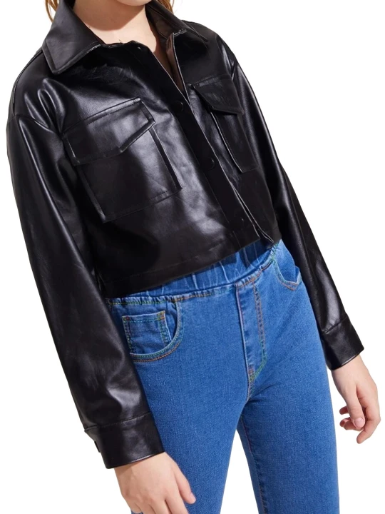 Girls Flap Pocket Real Lambskin Black Leather Jacket