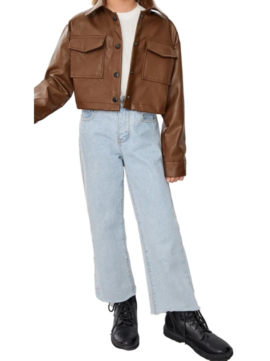 Girls Flap Pocket Real Lambskin Brown Leather Jacket Girls Flap Pocket Real Lambskin Brown Leather Jacket
