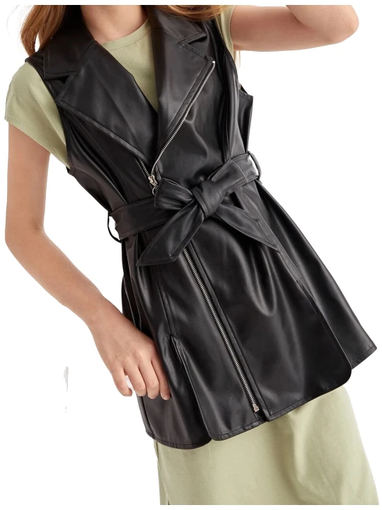 Girls Sleeveless Real Lambskin Black Leather Coat