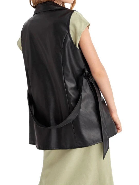Girls Sleeveless Real Lambskin Black Leather Coat