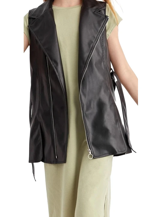 Girls Sleeveless Real Lambskin Black Leather Coat