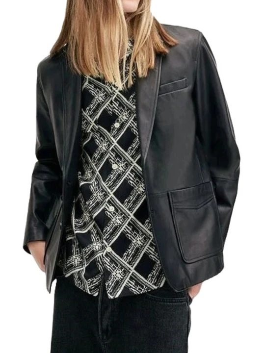 Black Leather Blazer With Patch Pockets