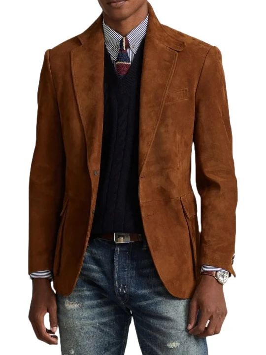 Buttoned Throat Latch Camel Suede Leather Blazer