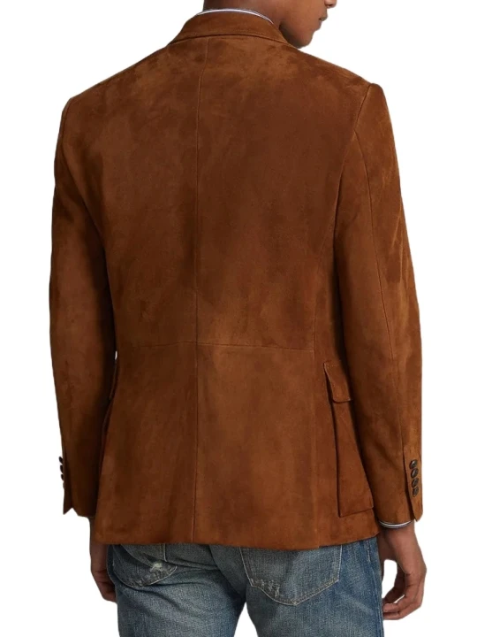 Buttoned Throat Latch Camel Suede Leather Blazer