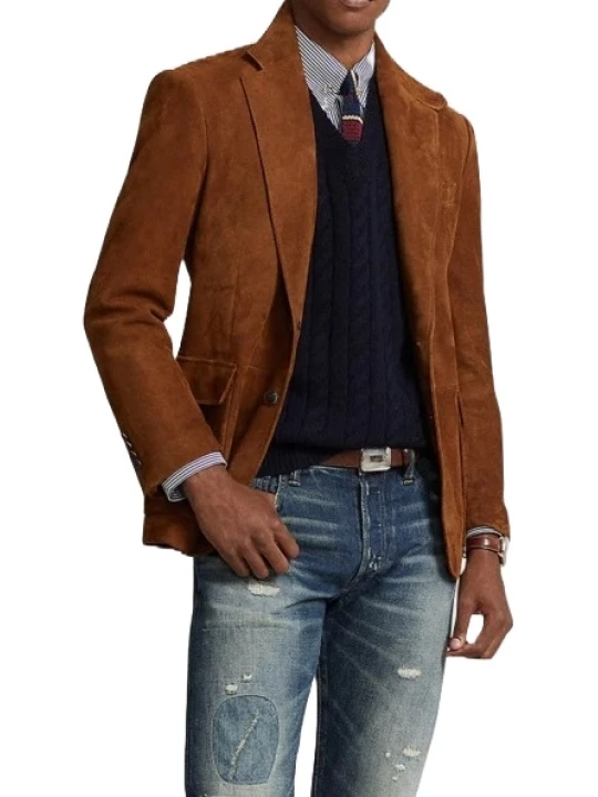 Buttoned Throat Latch Camel Suede Leather Blazer