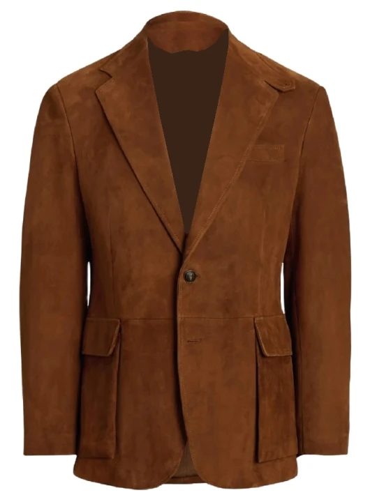 Buttoned Throat Latch Camel Suede Leather Blazer