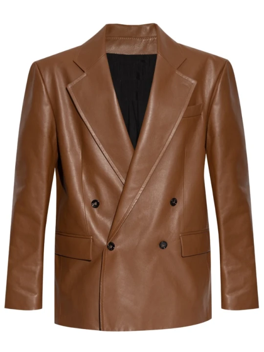 Double Breasted Brown Leather Blazer