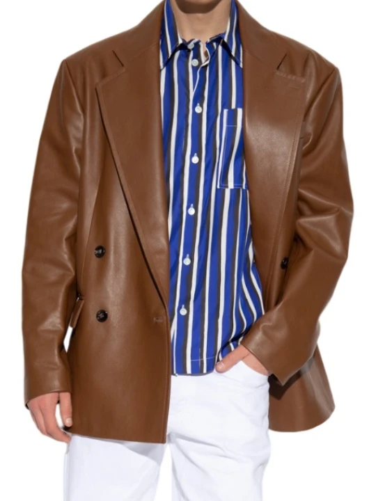 Double Breasted Brown Leather Blazer