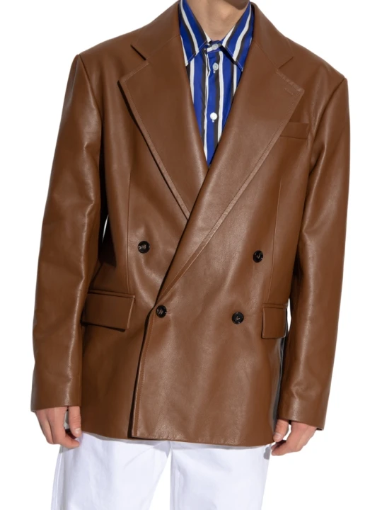 Double Breasted Brown Leather Blazer