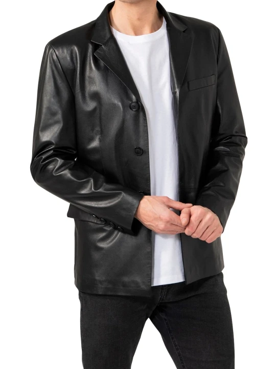 Men Classic Real Lambskin Black Leather Blazer