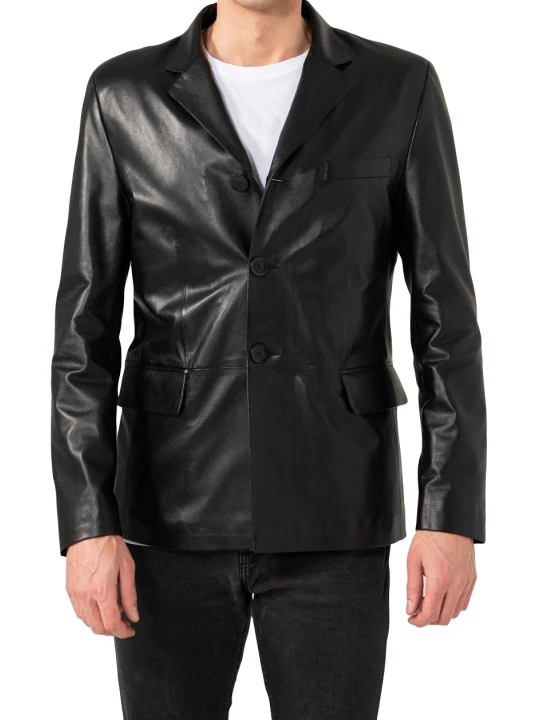 Men Classic Real Lambskin Black Leather Blazer
