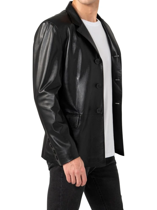 Men Classic Real Lambskin Black Leather Blazer