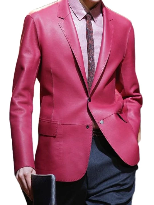 Men Formal Wear Real Lambskin Pink Leather Blazer