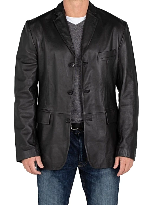 Men Smart 3 Button Real Lambskin Black Leather Blazer