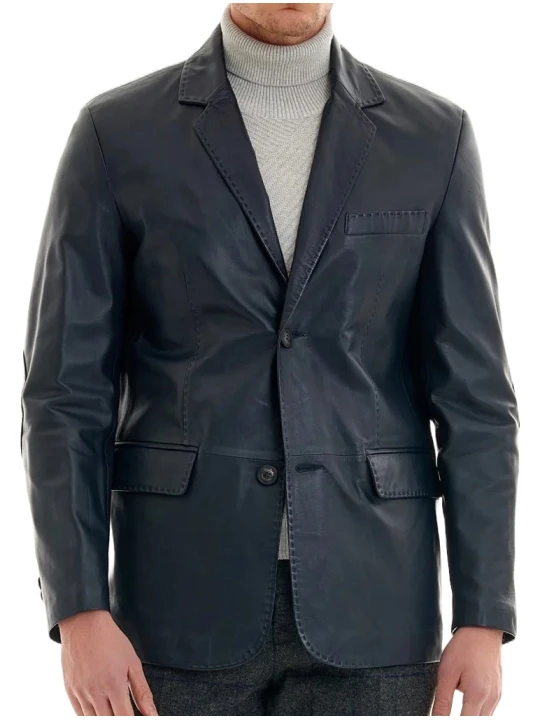 Navy Blue Leather Blazer For Gents