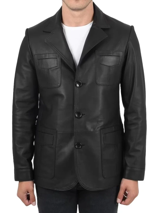 Notch Collar Black Leather Blazer
