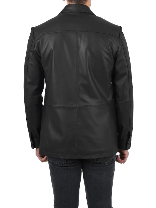 Notch Collar Black Leather Blazer