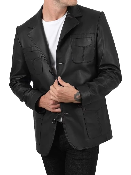 Notch Collar Black Leather Blazer