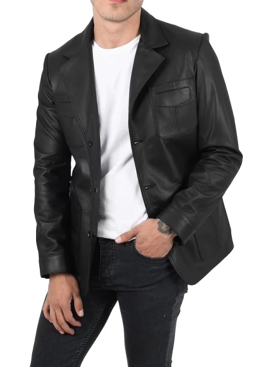 Notch Collar Black Leather Blazer