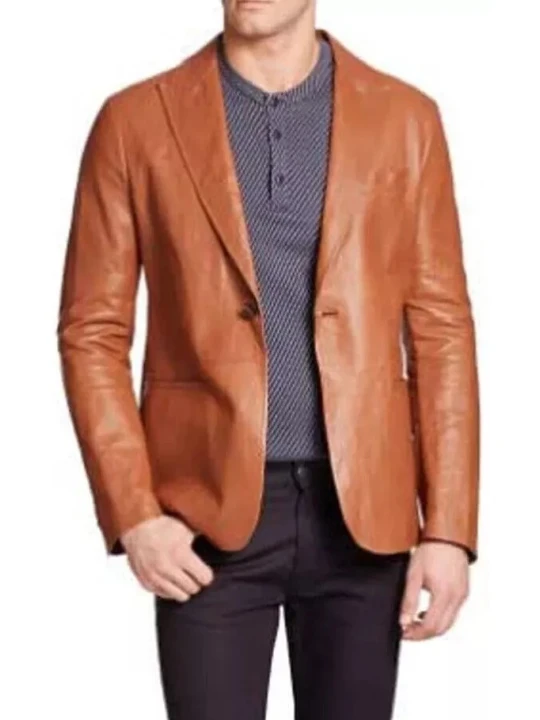One Button Tan Leather Blazer