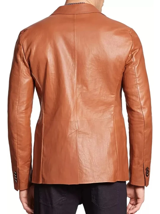 One Button Tan Leather Blazer